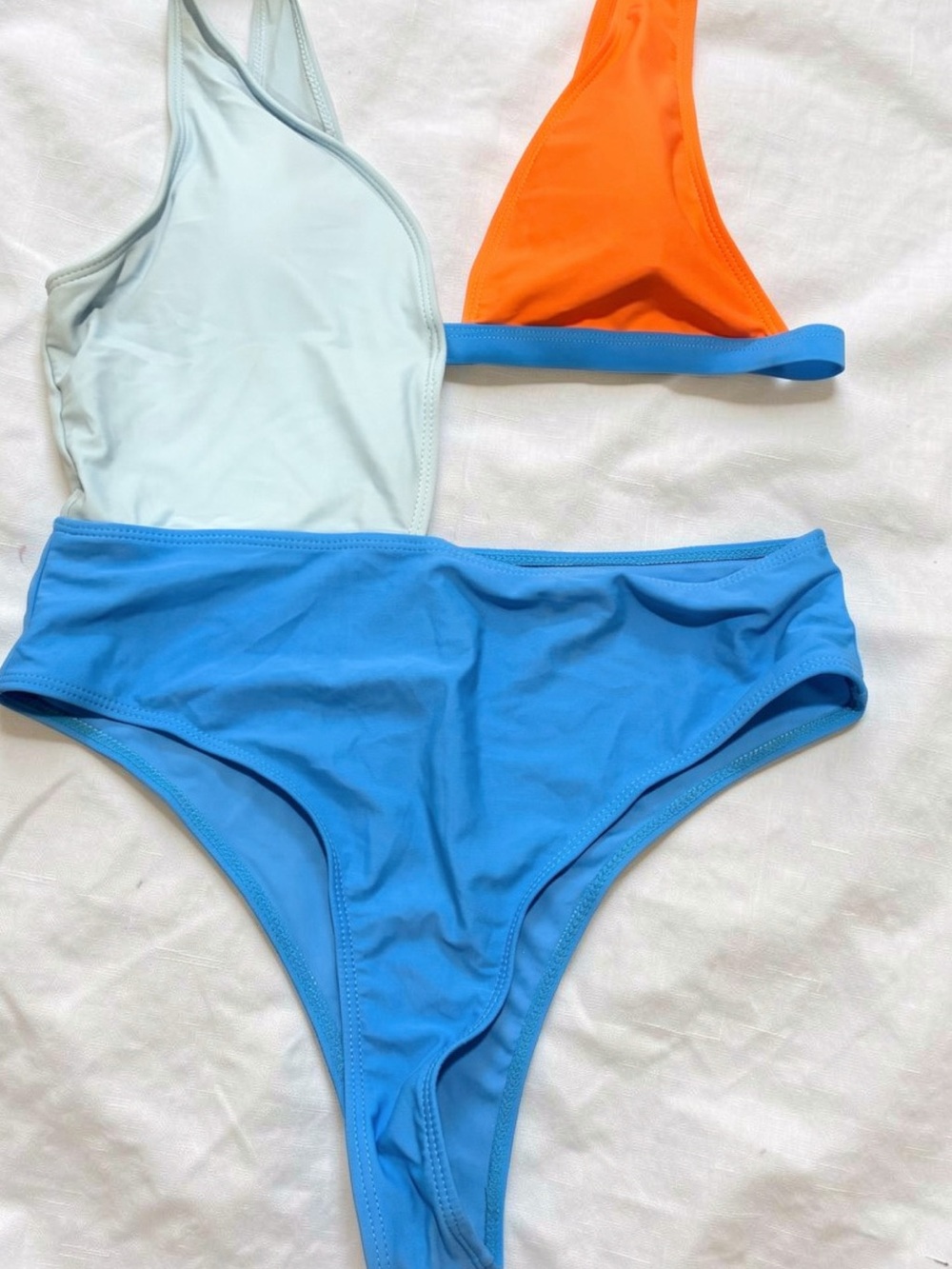 Colorblock One Shoulder Bikini Set L | Blue Orange Cutout Swimsuit